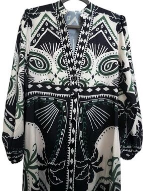 Unique Black White Green Printed V-Neck Maxi empire waist festive Dress